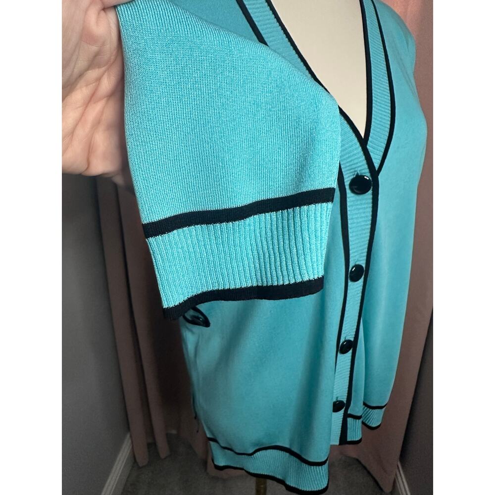 EUC Vintage Misook Jacket Petite Large Front Cardigan Classic Knit Aqua Black PL - Picture 9 of 12